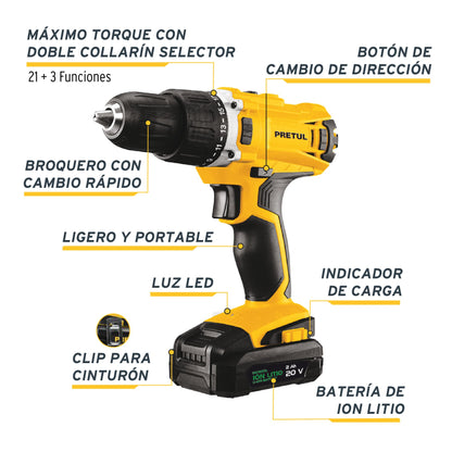 Taladro 3/8". 12V. 1 batería 2Ah. PRETUL