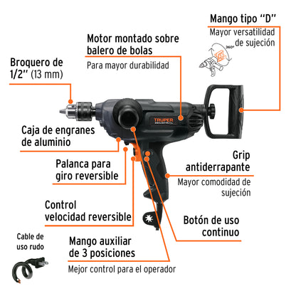 Taladro tipo espada 1/2". 1150W. TRUPER INDUSTRIAL