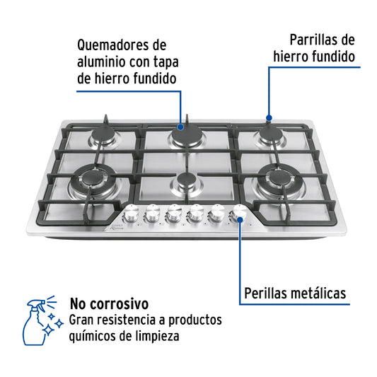 Parrilla gas empotrable 90cm, 6 quem, acero inox, Riviera
