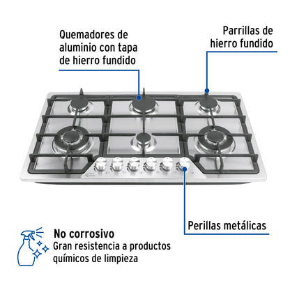 Parrilla gas empotrable 90cm, 6 quem, acero inox, Riviera